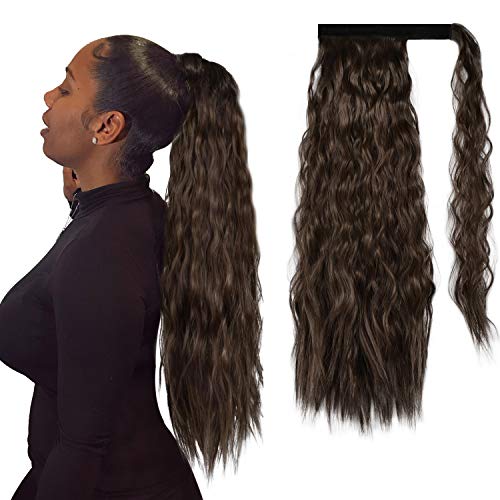 Long Corn Wave Ponytail Extension, PEACOCO 20 Inch Wrap Around Ponytail for Black Women Heat Resistant Synthetic Magic Paste Ponytail Hairpiece ( T430# )