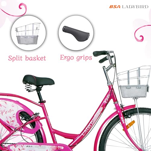 Image of BSA LADYBIRD Evita Cycle for Girls 10 to 15 Years | 2 Years Warranty | 26T Bicycle for Girls and Women with Front Basket & Integrated Carrier, 90% Assembled & Durable Rigid Frame Cycle (Pink)