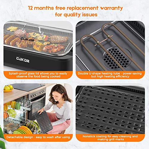 CUKOR Indoor Smokeless Grill,1500W Power Electric Grill with Tempered Glass Lid, Compact & Portable Non-stick BBQ Grill with Turbo Smoke Extractor Technology, LED Smart Control panel - Thumbnail 3