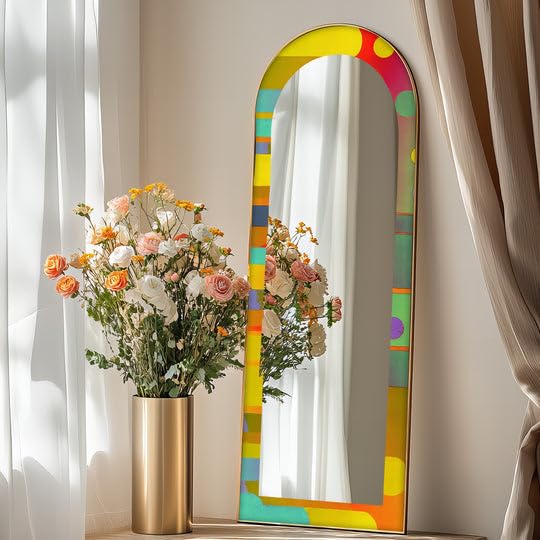Specchio da pavimento a forma di cerchio astratto e strisce, lunghezza completa, specchio ad arco a tutta lunghezza, specchio da pavimento con cornice nera e cornice nera