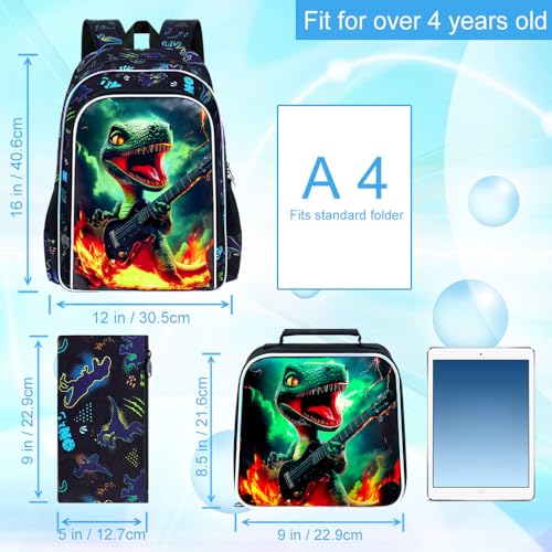 Image of 16 inch Dinosaur Backpack, Boys Kids Bookbag with Lunch Box, 3Pcs Dino School Backpacks for Elementary Preschool Kindergarten (Black)
