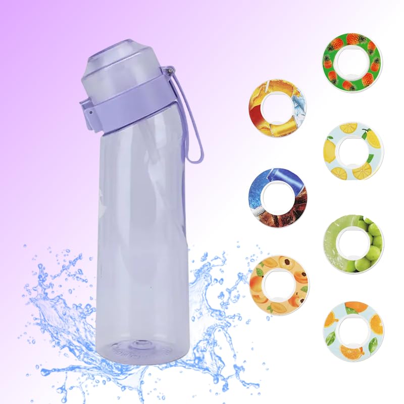 Genérico Air Gourde, con 7 pods, 650 ml, cápsulas de sabor, botella de agua perfumada, sabor afrutado, ecológico, libre de BPA, deporte, infantil, con paja (púrpura)