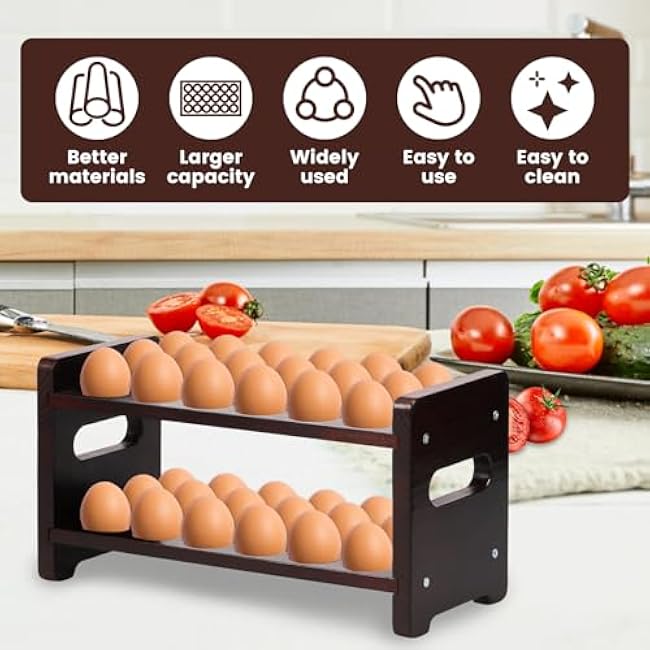 Wooden Egg Holder Countertop, 2-Tier 36-Egg Storage Rack, Farmhouse Egg Basket for Gathering Fresh Eggs, Egg Tray Storage Display Stand, Kitchen Counter Top Organizer for Chicken Duck Quail Eggs