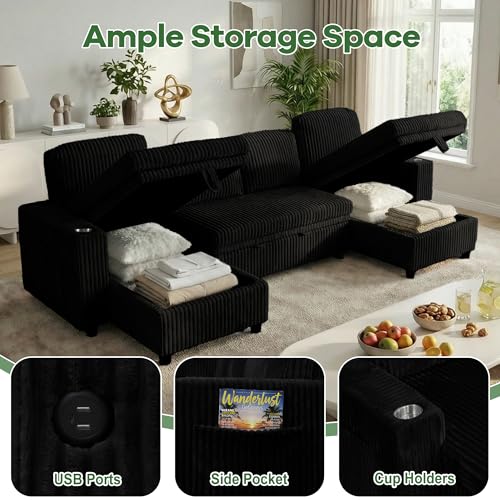 Image of Oversized Sectional Couch, U Shaped Corduroy Couch for Living Room, Sectional Sleeper Sofa with Pull Out Bed, Convertible Sofa Bed for Living Room, Bedroom and Apartment, Black