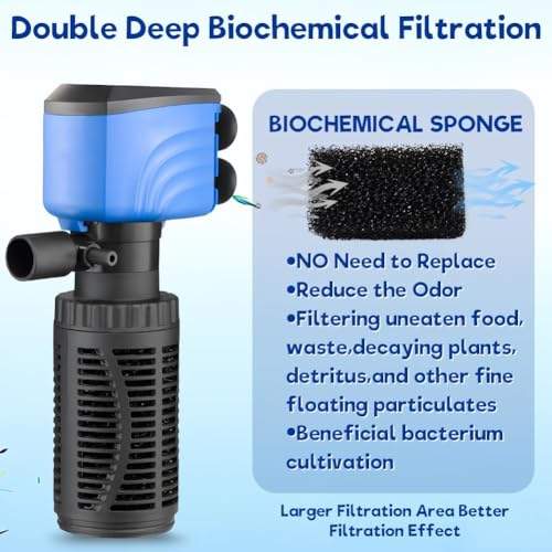 Image of Fish Tank Filter - Silent Internal Aquarium Filter for Clean Water, Air Pump, and Waves - Biochemical Filtration for Healthy Fish and Turtles (6W-600L /H, Black)