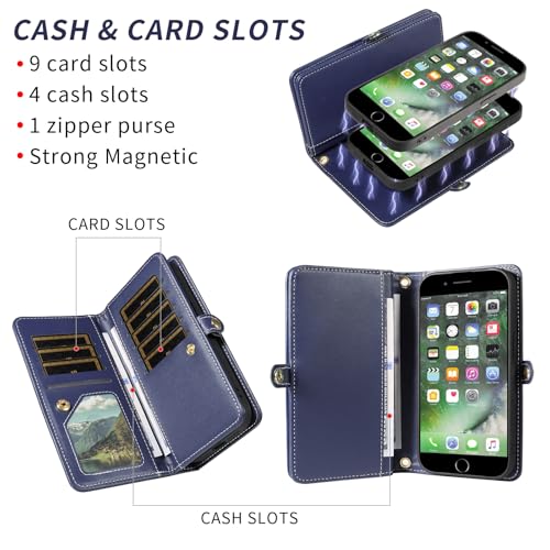 Phone Case for iPhone 7plus 8plus 7/8 Plus Zipper Wallet Detachable Cell Cover Screen Protector Crossbody Lanyard Strap Flip Credit Card Holder i Phone7s 7s + 7+ 8s 8+ Phones8 7p 8p Women Dark Blue by Asuwish - Used condition - Image 3