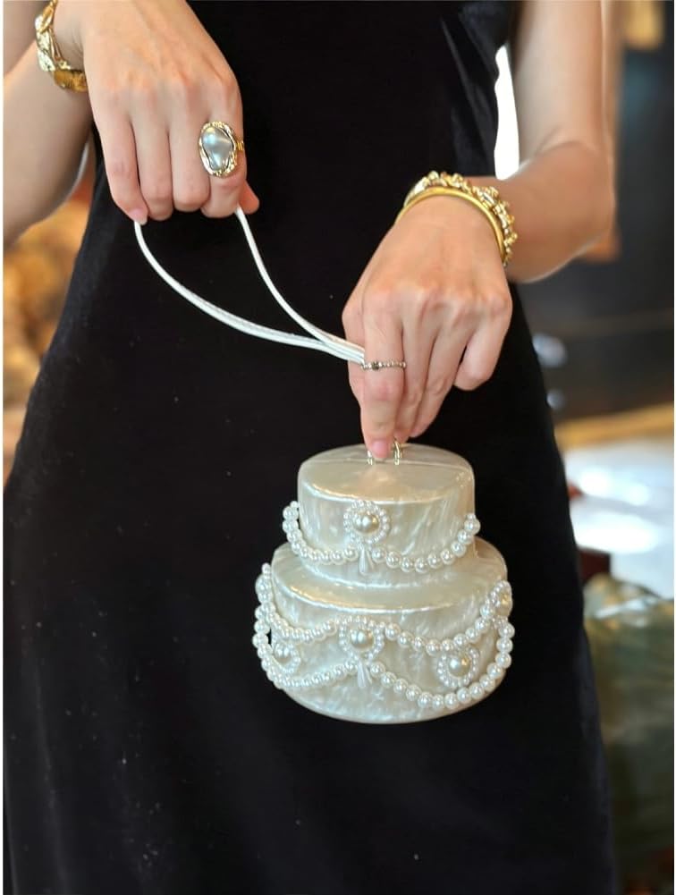 Mini Acrylic Cake Shaped Clutch for Women Pearl Acrylic Evening Bag Unique Evening Handbag Purse for Wedding Party Prom image 3