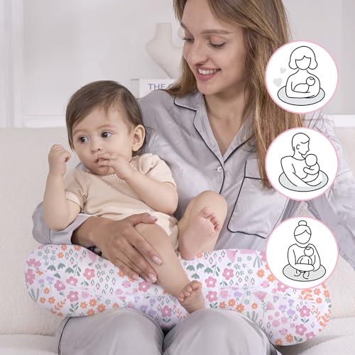 Image of Little Grape Land Nursing Pillow for Breastfeeding, Ergonomic Feeding Pillow with Removable Cover, Baby Feeding Pillow with Hidden Zipper Guard and Supportive Breathable Filling, Floral, Original