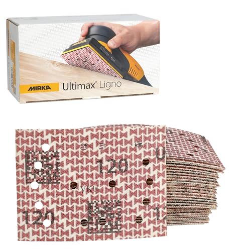 Image of Mirka Ultimax Ligno 3x4 in 120 Grit Wood Sanding Sheets Hook & Loop 50 Pack | Woodworking Sandpaper for Orbital Sanders with Multifit Holes, Fast, Even Cut and Dust Extraction on Hardwood and Softwood