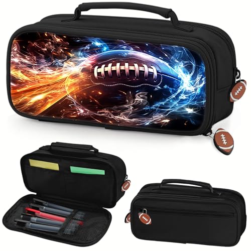 Image of American Football Pencil Case for Boys - Large Pencil Pouch for Boys with Zipper Compartments & Handle - Big Capacity Pen Organizer Box Bag for Kids Teens School Supplies