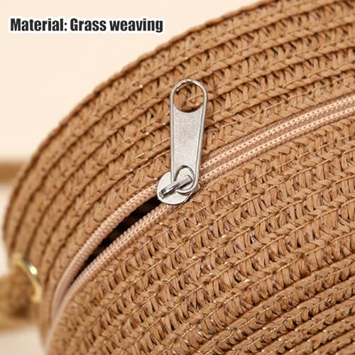Straw Bag,Woven Bag,Single Shoulder Casual Woven Purse,Round 6.5in Zippered Solid Color Portable Handbag4