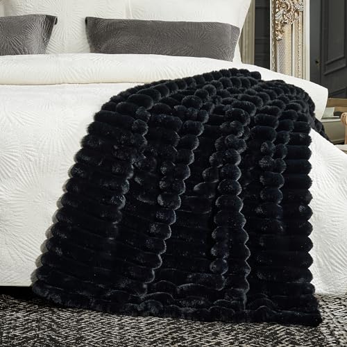 Cozy Bliss Faux Fur Throw Blanket for Couch, Cozy Warm Plush Striped Blanket for Sofa Bedroom Living Room,50 * 60 Inches Black - Image 7