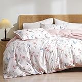 PHF Ultra Soft Floral Duvet Cover Queen Size, Printed Bedding Set 3 Pieces, Comfy Durable Farmhouse Duvet Cover Set with 2 Pillow Shams, Zipper Closure and 8 Ties, 90'x90', White & Pink