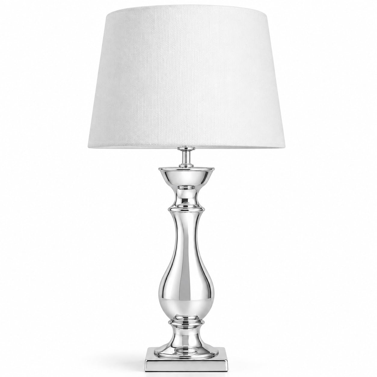 Tischlampe Silber Keramik 60 cm mit Weißem Stoffschirm – Nachttischlampe Schlafzimmer, Moderne Tischleuchte Wohnzimmer, E27 Tischleuchte mit Kabelschalter, Dekolampe, Leselampe für Büro & Flur