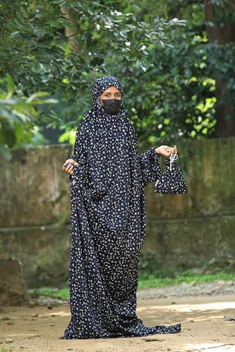 Image of SAWB Islamic Prayer Dress for Women- Free Size, Muslim Dress with Hijab, Jilbab /Niskarakuppayam /Namaz Khimar /Prayer Clothes Niqab Khimar, Islamic Premium Prayer Clothes, Black floral color, 5X-Large