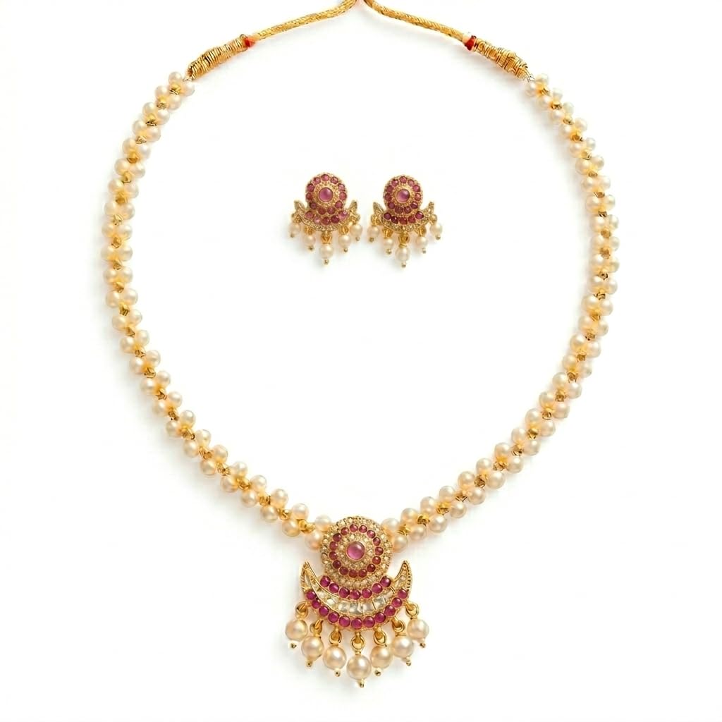 traditional gold plated pearl string necklace with ruby studded floral pendant and matching earrings set for women and girls (pink)