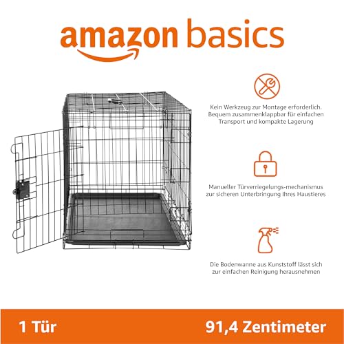 Amazon Basics Zusammenklappbarer Hundekäfig aus Metalldraht mit Bodenschale, Einzeltür, schwarz, L 91 x B 58 x H 64 cm