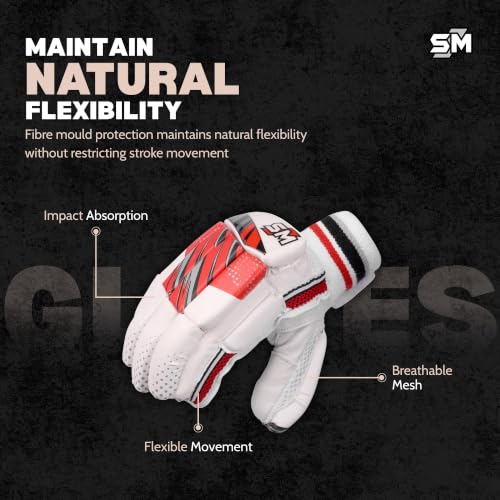 Image of SM Strike Batting Gloves Men's Size | Cricket Gloves | Calf Skin Leather Palm | Fibre Mould Infused Protection | Pre-Bent Hinged Fingers | Moisture-Wicking Comfort | Club Cricket | Size Men's