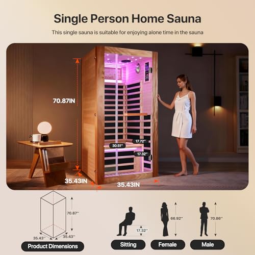Image of OUTEXER Sauna One Person Far Infrared Saunas Room African Mahogany Wood 1350W Dry Saunas Spa with 7 Starry Sky Light Wood Wax Oil on Outer Surface 35.4 * 35.4 * 70.9inch