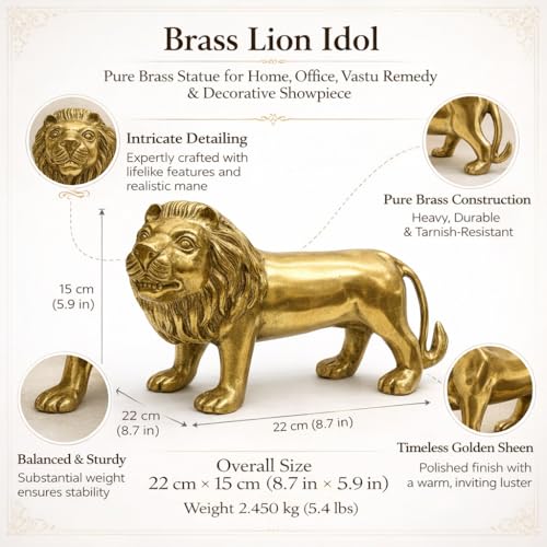 Image of Brass Lion Idol | 100% Pure Brass Vastu Remedy for Strength, Courage & Protection | Handcrafted Decorative Showpiece for Home & Office
