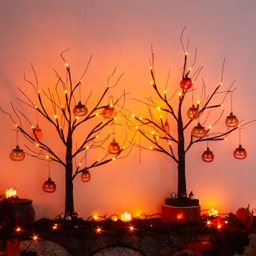 PEIDUO Set of 2 Halloween Trees, 2FT 24LED Lighted Black Glitter Tree with Timer & Pumpkin...