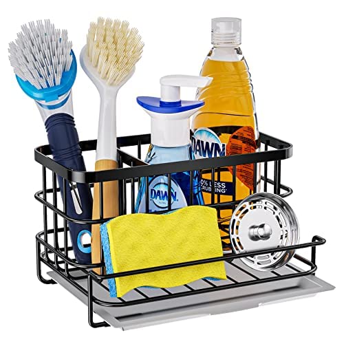 HapiRm Kitchen Sink Organizer, SUS304 Stainless Steel Rustproof Multifunctional Sink Caddy with Sponge Holder and Drain Tray for Kitchen Countertop (Black)