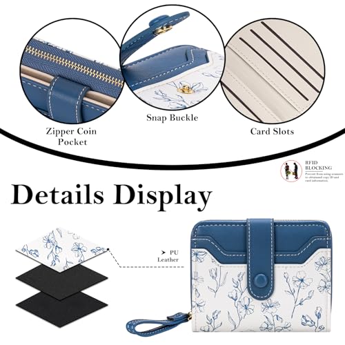 Image of BIAOTIE Wallet for Women Cute Floral Flower Wallet RFID Credit Card Holder Purse Small Bifold Zipper Coin Pocket Purse with ID Windows (Marine Blue)