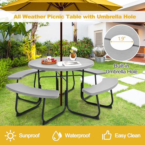 Image of Tangkula 8 Person Picnic Table, Outdoor Round Picnic Table with 4 Built-in Benches, Umbrella Hole, Metal Frame & HDPE Tabletop, Outside Table and Bench Set for Backyard, 2300lbs Weight Capacity