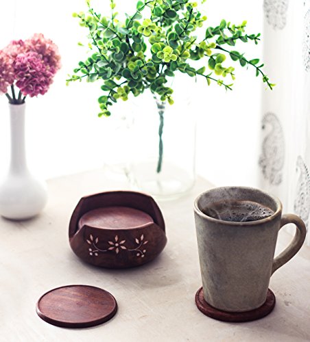 STORE INDYA Set of 6 Wooden Round Drink Coasters for Tea Coffee Beer Wine Glass with Holder Bar Dining Tabletop Accessory