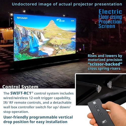 Image of Elite Screens Kestrel Tab-Tension 3 140 inch 16:9 Floor Rising Projector Screen | Motorized Electric CineWhite 1.1 Gain 4K /8K UHD UST /Short Throw Front Projection Screen, RF /IR Remote, FTE140H3
