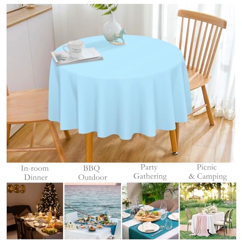 Image of Mulbozy 12 Pack Light Blue Round Tablecloth, 84 Inches Plastic Table Cover, Premium Disposable Round Party Tablecloth for Restaurant Dinners, Wedding, Grad Party, Baby Shower, Outdoor Camping