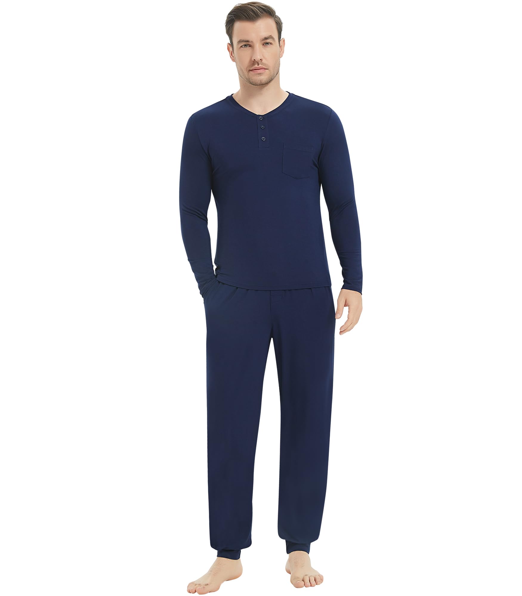 NACHILA Mens Pajamas Set Viscose Made from Bamboo Henley Top Sleep Pants