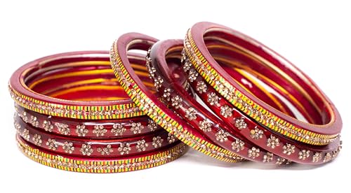 Image of Swara Creations Lah /Lac bangles red color Set, LAHTHI Churi Kundan work for Women and Girls(8 pcs)