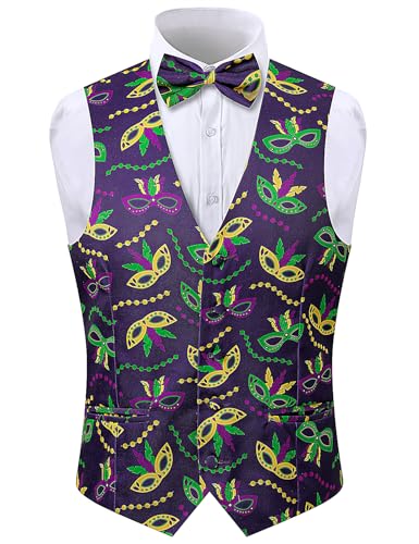 LINOCOUTON Men's Mardi Gras Suit Vest with Bow Tie