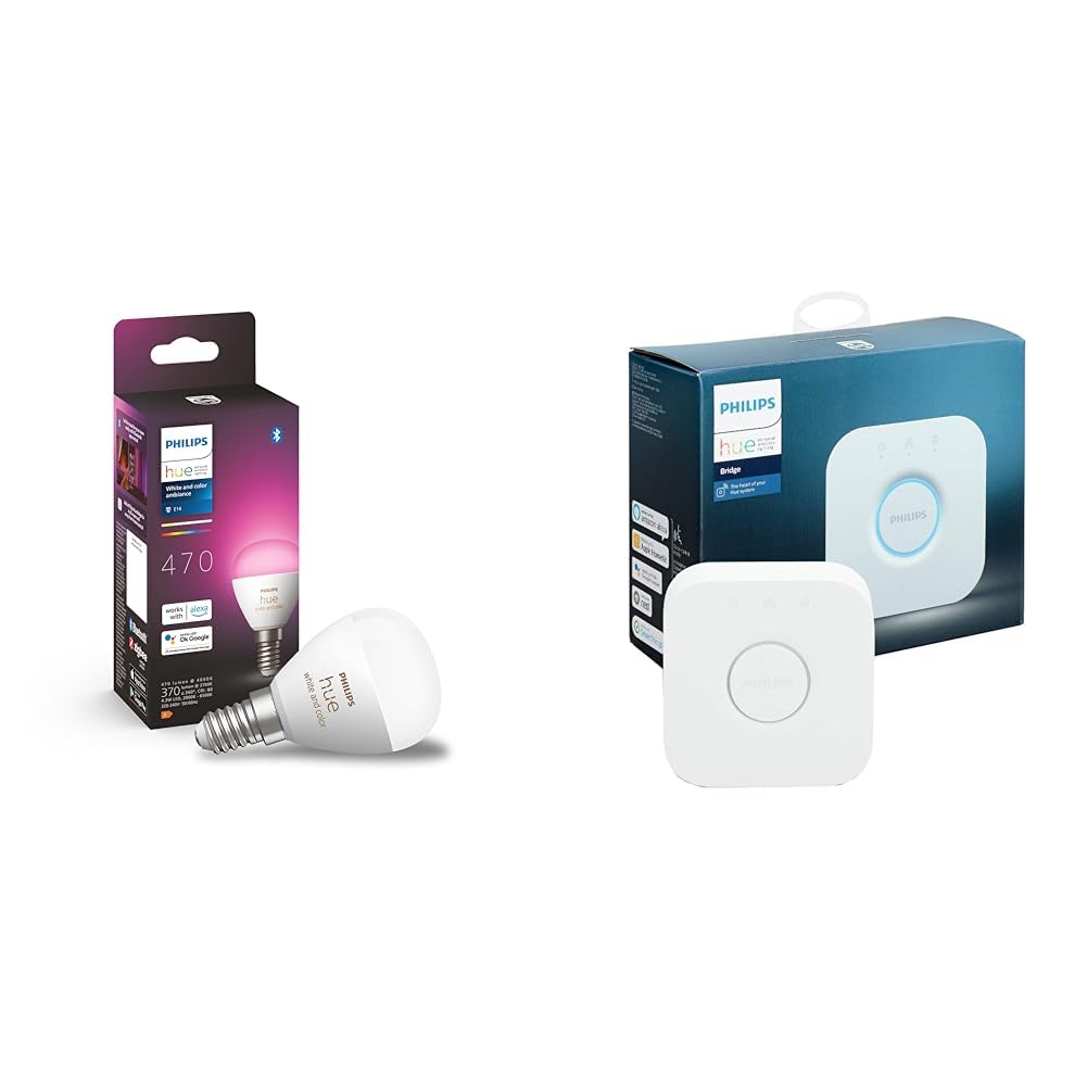 Philips Hue Philips Hue White and Colour Ambiance Luster Smart LED Light Bulb 1 Pack [E14 Edison Screw] & Bridge. Smart Home Automation Works with Alexa, Google Assistant and Apple Homekit.