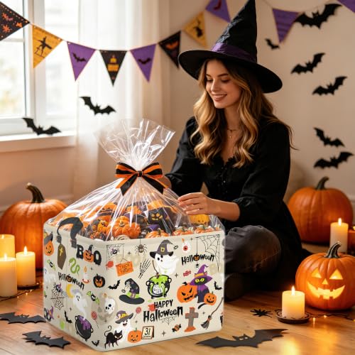 Image of Clastyle Large Spooky Halloween Baby Gift Basket Stuffers Boy Girl Pumpkin Bat Graveyard Boo Nursery Bin Kid Book Toy Box Collapsible Clothes Organizer for Bedroom, Spide Bat, 40 * 30 * 30 cm