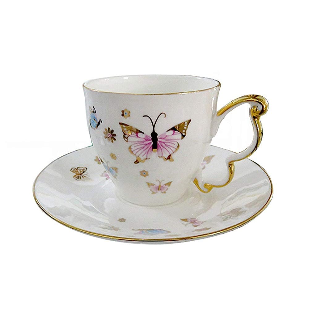 Tasse à café porcelaine motif papillon rouge, soucoupe thé après-midi