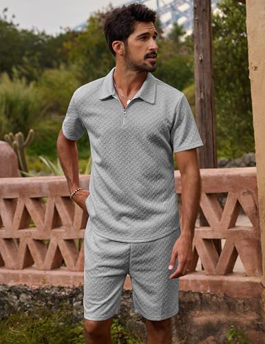 Image of URRU Mens Textured Polo Shirt and Shorts Sets Outfits 2 Piece Summer Tracksuits Casual Quarter Zip Golf Polo Shirts
