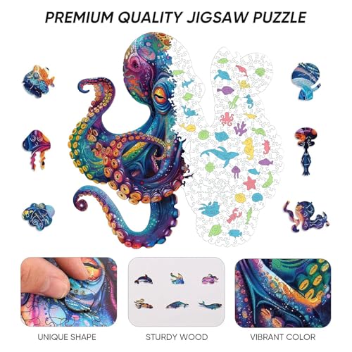 Rompecabezas de madera para adultos, 500 piezas, forma de pulpo, certificado FSC, decoración para pared, regalo creativo en madera para juegos familiares, 16,9 x 16,9 pulgadas miniatura 3