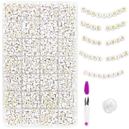 MIIIM 1500pcs Letter Beads A-Z 4x7mm Round Letter Beads for Bracelets Making Alphabet Beads for Friendship Bracelet Kit Number Beads Heart Beads in 28 Grid Box (White Beads Gold Letters) Small