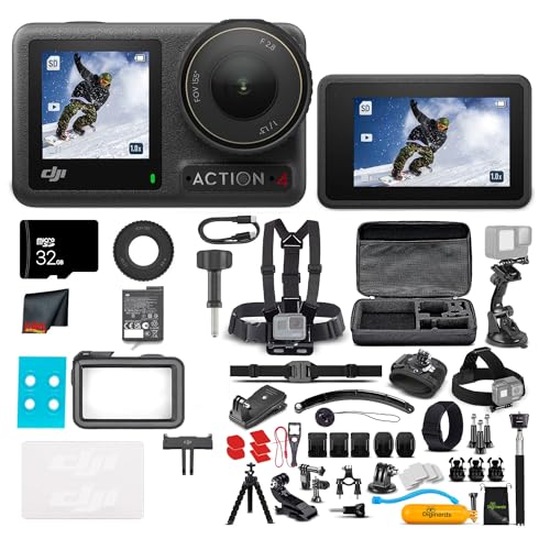 DJI Osmo Action 4 Camera Essential Combo - Waterproof Action Camera with 4K UHD Video, 1/1.3' Sensor, Stabilization, Dual Screens, for Vlogging, Travel & Sports + 32GB Card & 50 Piece Accessory Kit