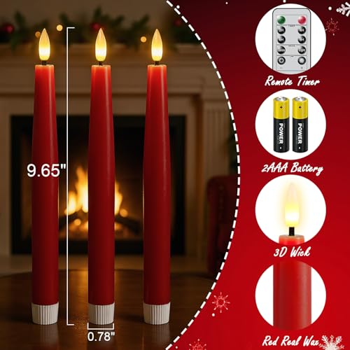 Image of Christmas Flameless Taper Candles with Remote, Red Real Wax LED Taper Candles Battery Operated with 3D Wick, 3 Pcs LED Flameless Candlesticks for Christmas Home Decor(0.78 inch x 9.65 inch)