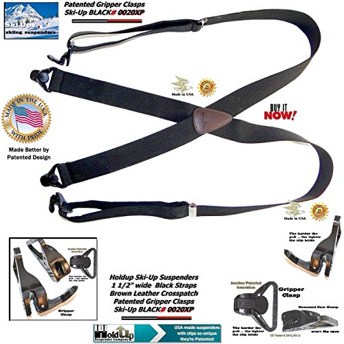 American made Holdup Black Ski-Ups X-back Suspenders with Patented black Gripper Clasps - Thumbnail 6