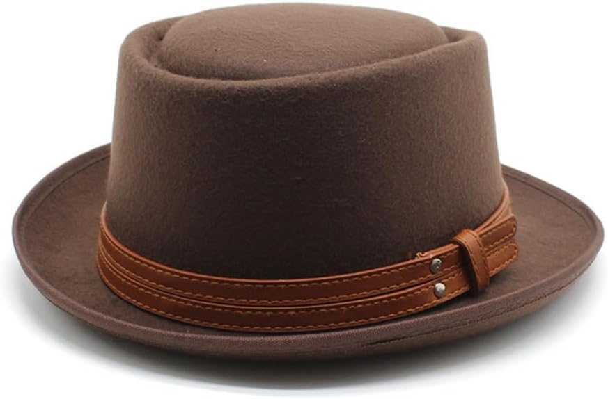 Classic Wool Felt Porkpie Hat with Brown Leather Band, Camel Color