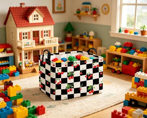 Image of Rectangular Cherry baskets,Racing flag basket,Kids Storage Bins,Waterproof Collapsible Storage Bin,Toy Storage Bin,Cute Organizer Box,Book baskets,Girl room Decor(Cherry)
