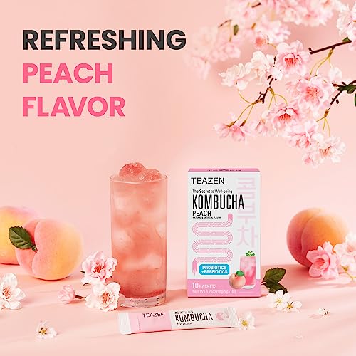 Teazen Kombucha Tea, Zero Sugar, Sparkling Fermented Powdered Mix Beverage From Korea, Live Probiotics & Prebiotics, 10 Sticks, 1.76Oz (Peach) #TOP1