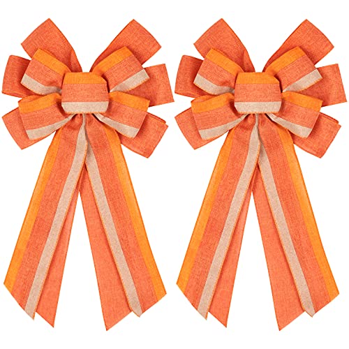 Whaline 2Pcs Large Fall Thanksgiving Wreath Bow 11.4 x 19.6 in Multilayer Orange Stripe Decorative Bows Autumn Tree Topper Gift Bow Hanging Ornament Bows for Indoor Outdoor Party Door Wall Decor