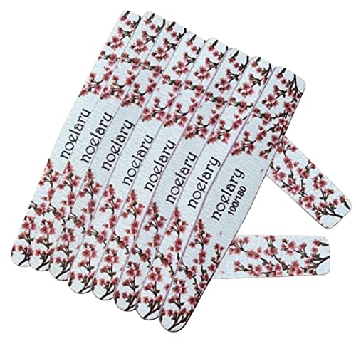 NOELARY Lot de 10 Limes à Ongles Professionnelles Double-Face, Lavables, Lime à Ongles Forme Trapèze Rouge Fleuri, Grain 100/180 Cover