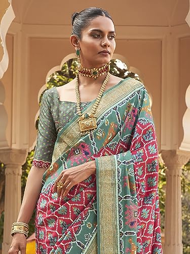 Image of SAREE MALL Women's Ikat Printed Tassels and Latkans Patola Silk Saree With Unstiched Blouse Piece (MORKLA588 RW Parent)