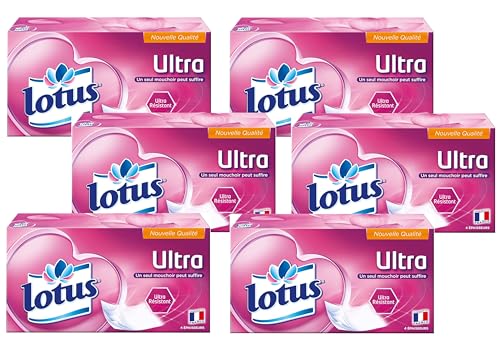 Lotus Ultra Résistant 432 Mouchoirs blanc en boîte (Lot de 6 Boîtes x 72 Mouchoirs) 4 épaisseurs pour plus de confort - Offre Spéciale